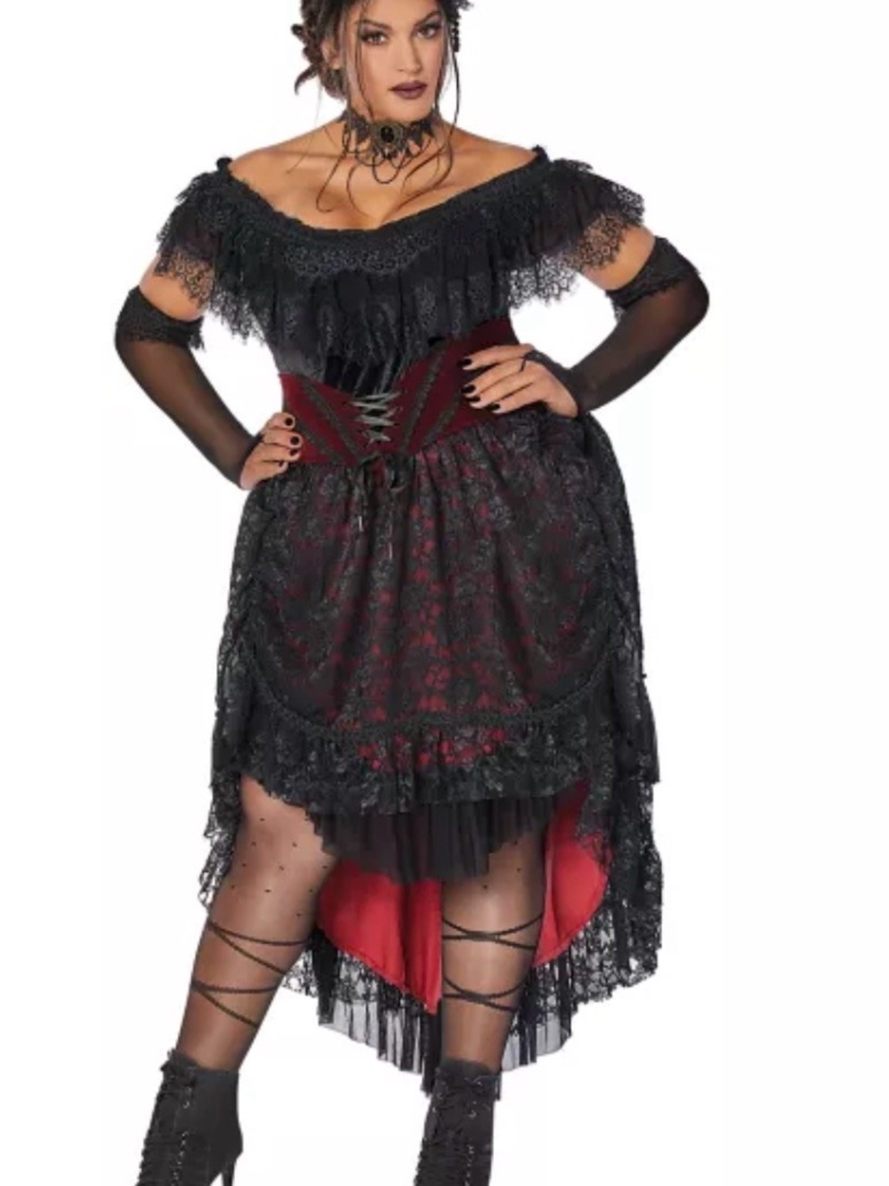 Spirit Halloween Costume Dress Black/Red Lace Off-Shoulder XL Victorian Vampires